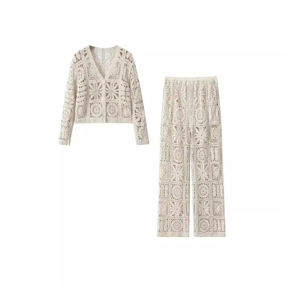 Women's Fashion Three-dimensional Hollow-out Crocheted V-neck Knitted Cardigan Wide-leg Lace Pants - Trendy Mix