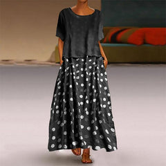 Polka Dot Short Sleeve Two Piece Cotton Linen Dress - Trendy Mix