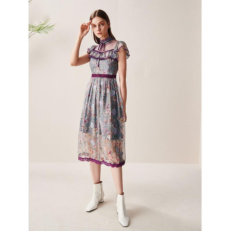 Printed mesh stitching lace dress - Trendy Mix