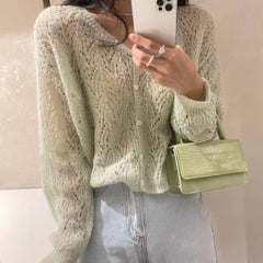 Gentle Wind Crocheted Openwork Knitted Cardigan Women's Long Sleeved Thin Sweater