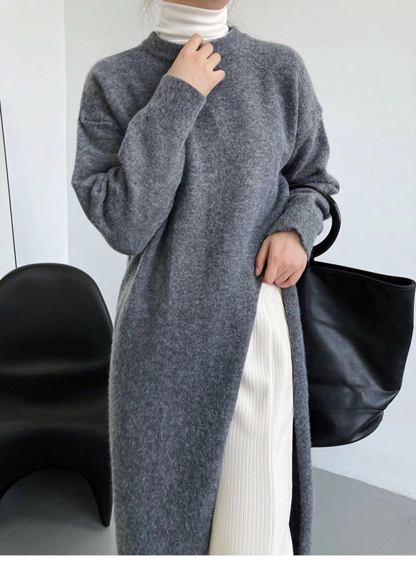 Autumn And Winter Loose Side Slit Long Knitted Sweater Dress