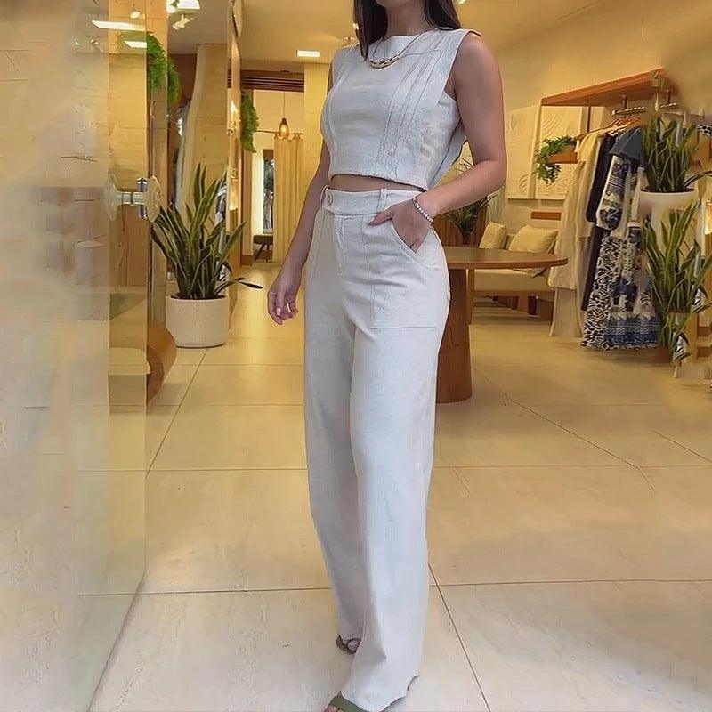 Fashion Sleeveless -Short Top Casual Trousers Suit - Trendy Mix