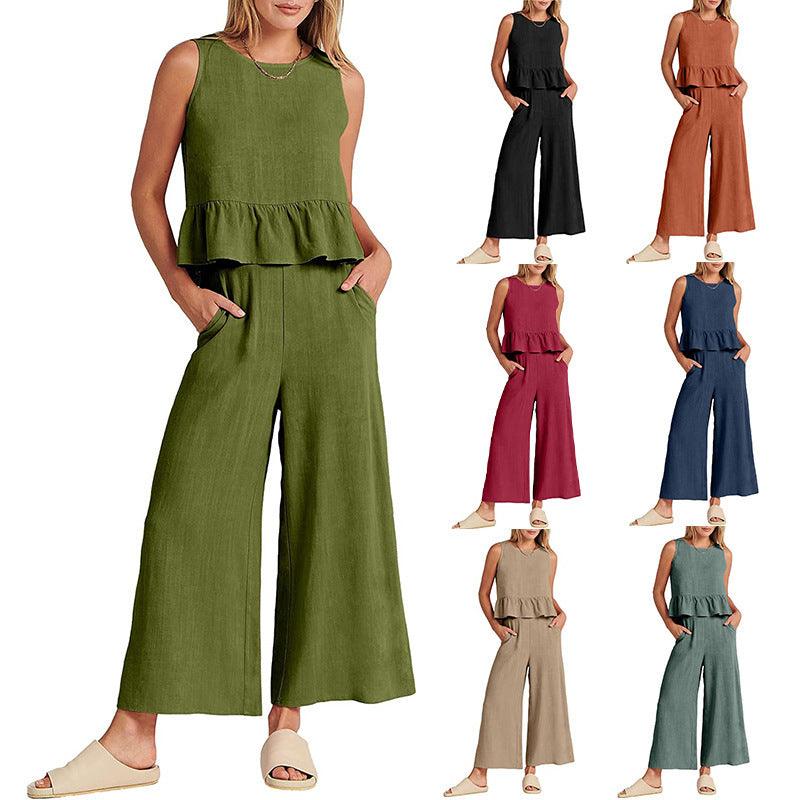 Women's Temperament Fashion Sleeveless Ruffled Undershirt Wide Leg Nine-quarter Pants Set - Trendy Mix