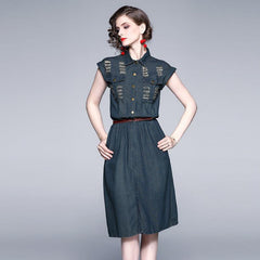 Sleeveless lapel pocket dress - Trendy Mix