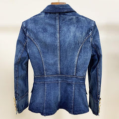 Fashionable Double-breasted Washed Denim Jacket - Trendy Mix