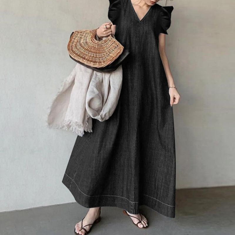 Denim Solid Color V-neck Bohemian Loose Large Size Long Dress - Trendy Mix