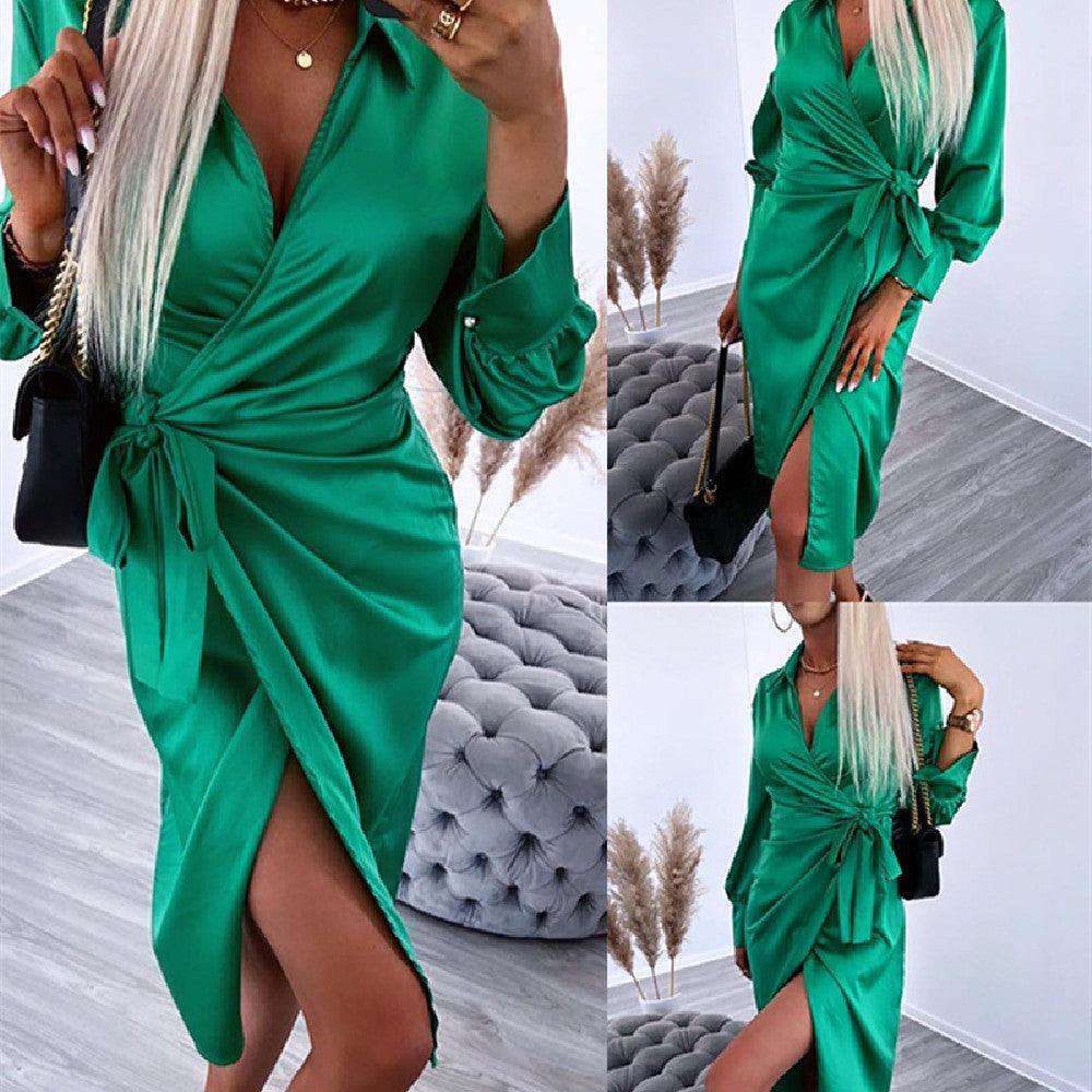 European And American Satin Waist Shirt Dress - Trendy Mix