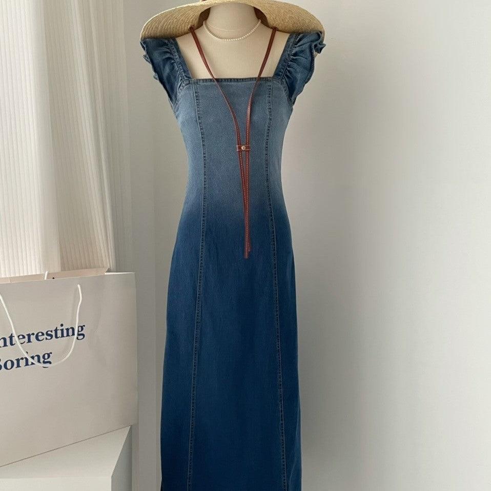 Simple Denim Gradient Small Flying Sleeve Raw Edge Dress - Trendy Mix