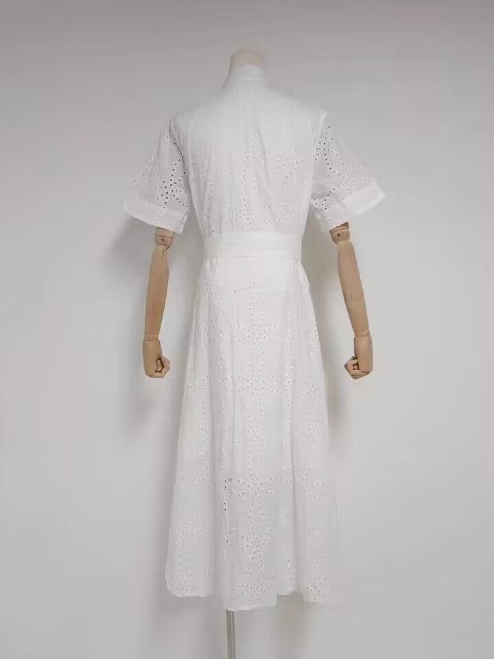 Summer Embroidered Hollow Out Tied Waist-controlled White Dress - Trendy Mix