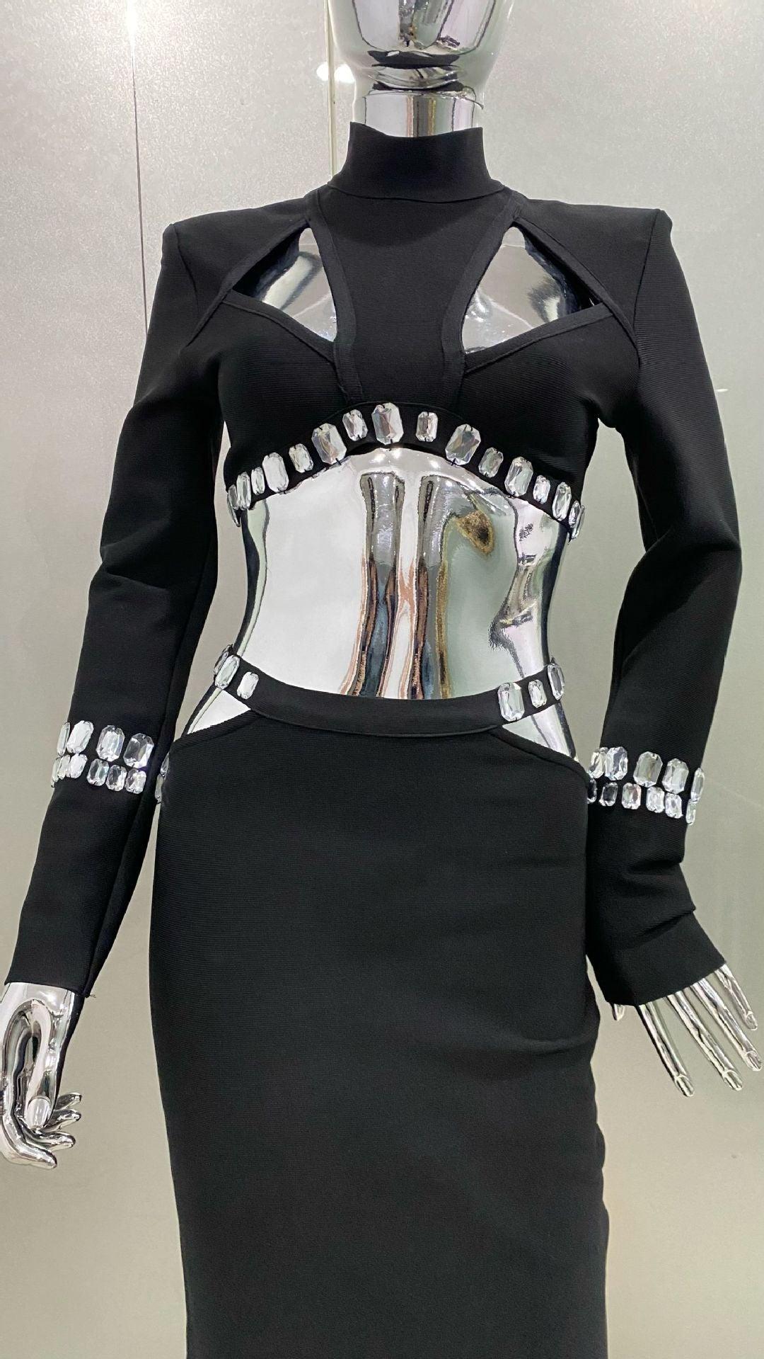 Shiny Rhinestone Hollow Top Sheath Long Belt Suit Dress - Trendy Mix