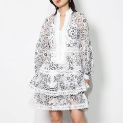 Small Print Summer V-neck Lace Stitching Lantern Sleeve Dress - Trendy Mix