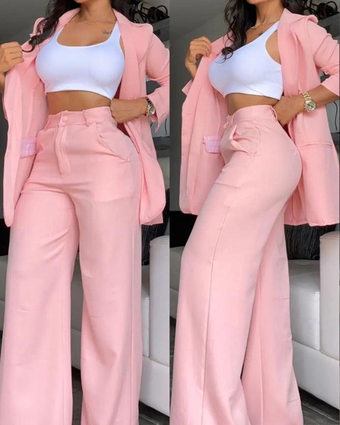 Pure Color Split Sleeve Lapel Suit Straight-leg Pants Suit Women - Trendy Mix