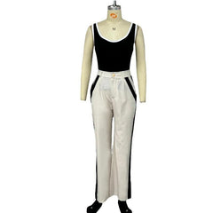 New Contrast Color Suspenders Slim High Waist Trousers Two-piece Set For Women - Trendy Mix