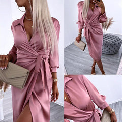 European And American Satin Waist Shirt Dress - Trendy Mix