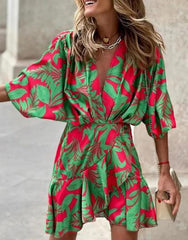 Sleeve V Neck Hem Irregular Hem Dress For Women - Trendy Mix