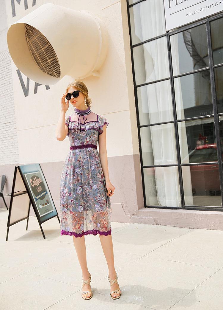 Printed mesh stitching lace dress - Trendy Mix