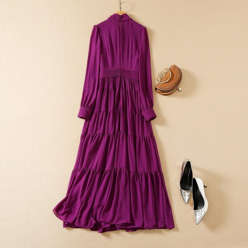 Tie-neck Heavy Industry Spokes Long Sleeve Chiffon Dress - Trendy Mix