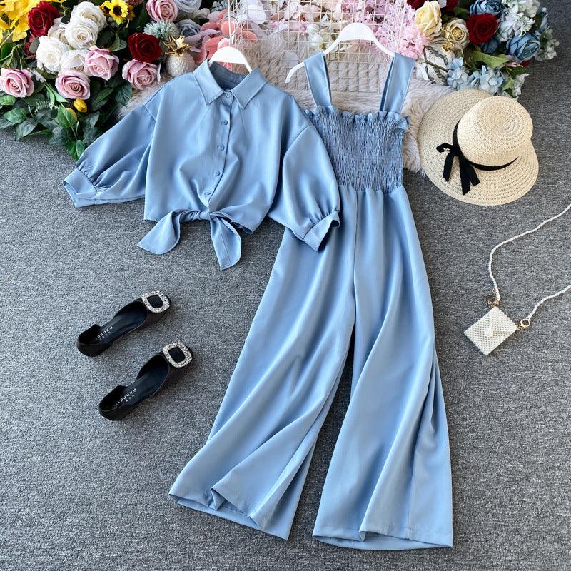 Chic High-Waisted Wide Leg Jumpsuit with Shirt Overlay - Trendy Mix