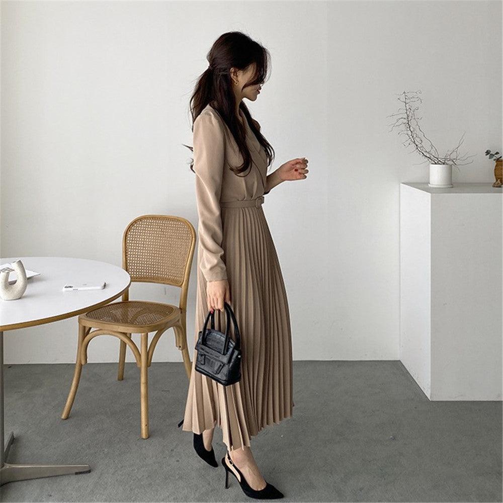 Waist Slimming Suit Tie Long Sleeve Pleated Dress - Trendy Mix