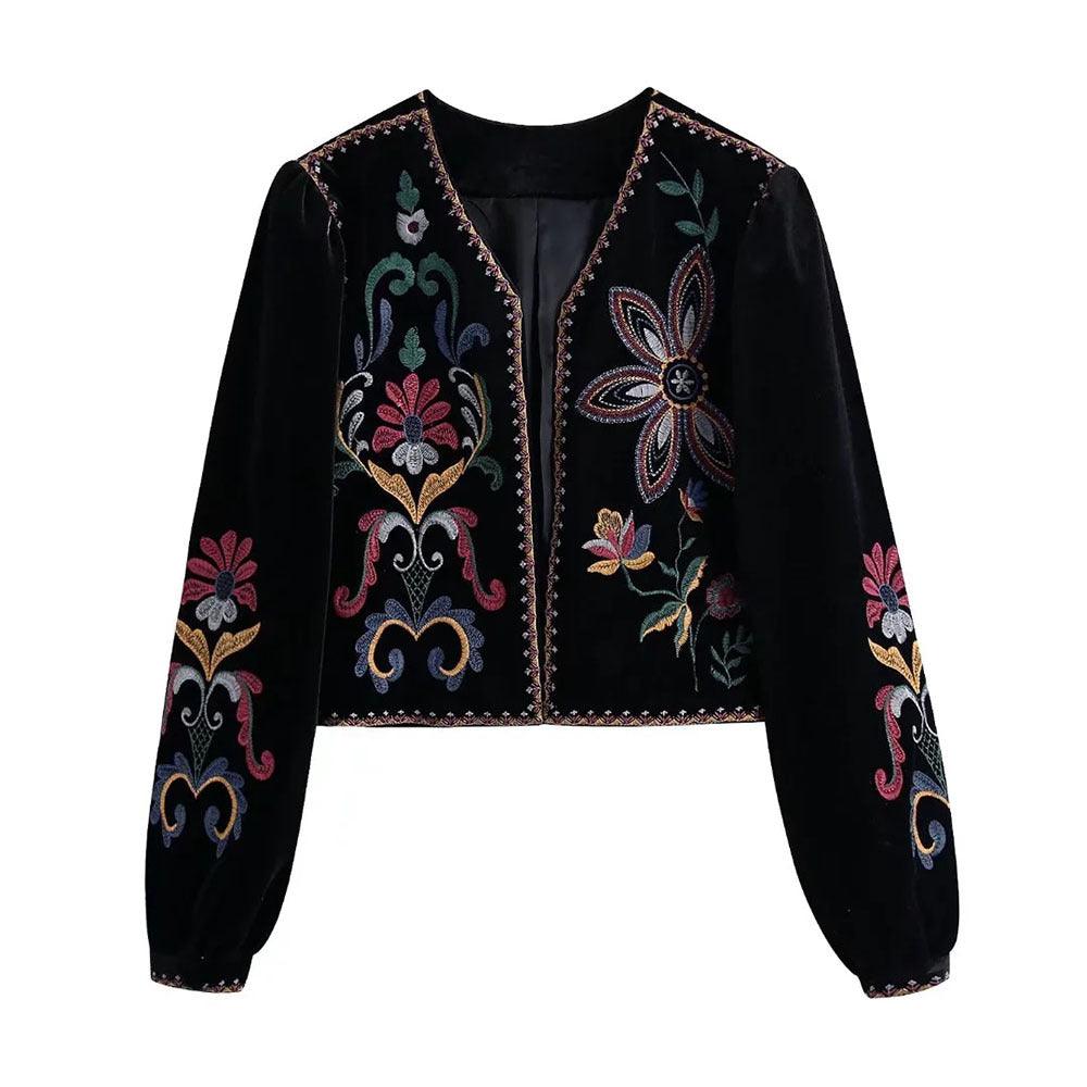 Women's European Style Velvet Embroidered Short Cardigan - Trendy Mix