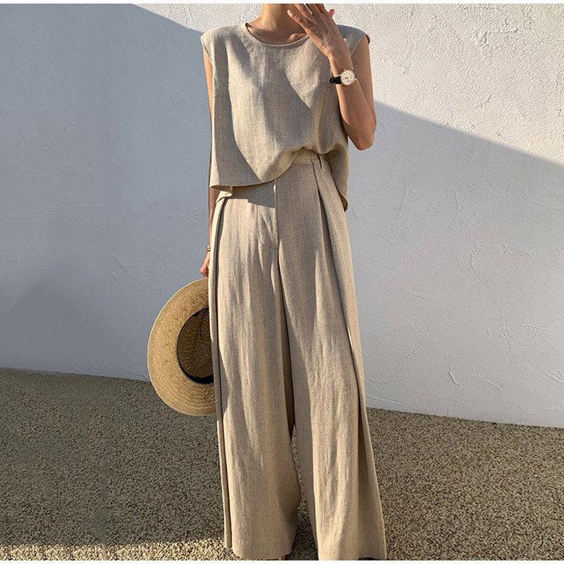 Cotton And Linen Casual Sleeveless Top Wide Leg Pants Two-piece Set - Trendy Mix