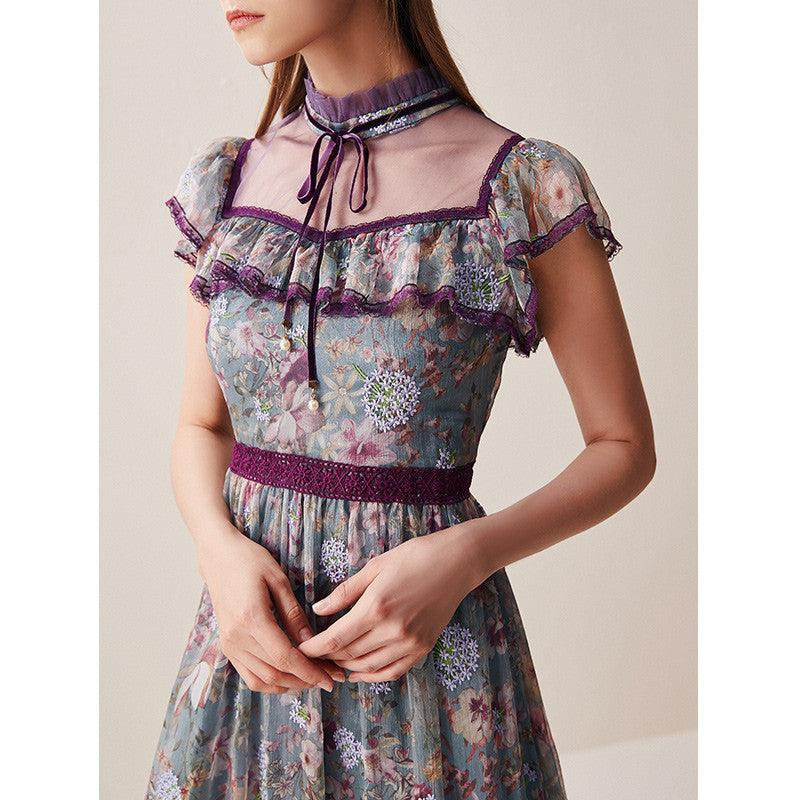 Printed mesh stitching lace dress - Trendy Mix