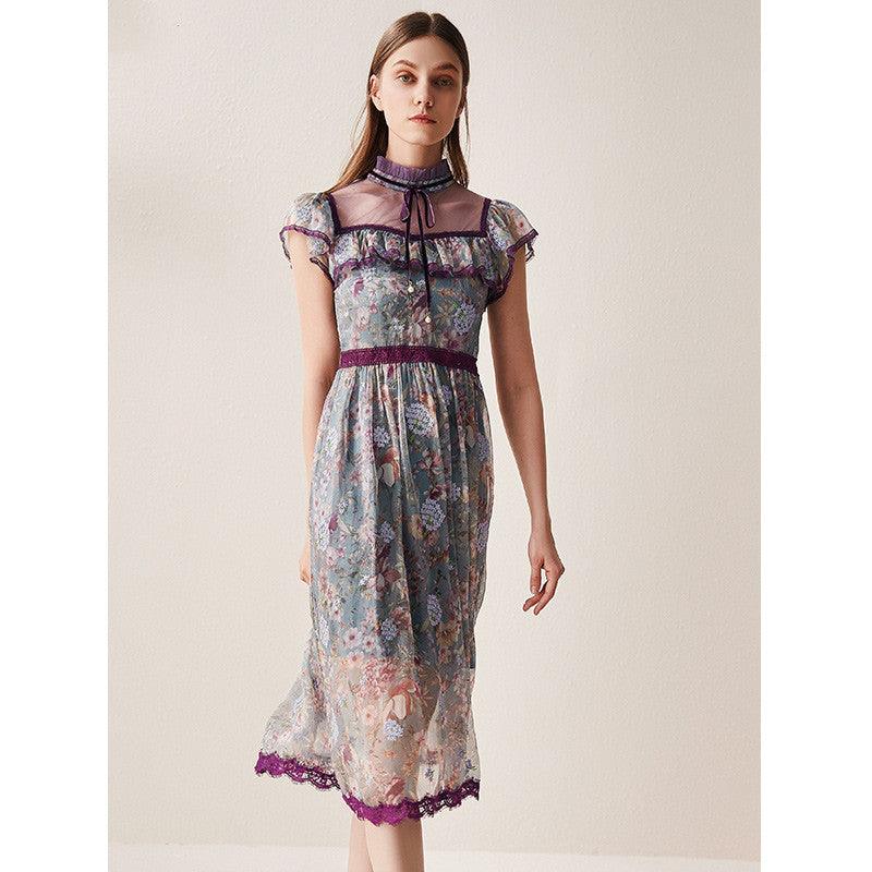 Printed mesh stitching lace dress - Trendy Mix