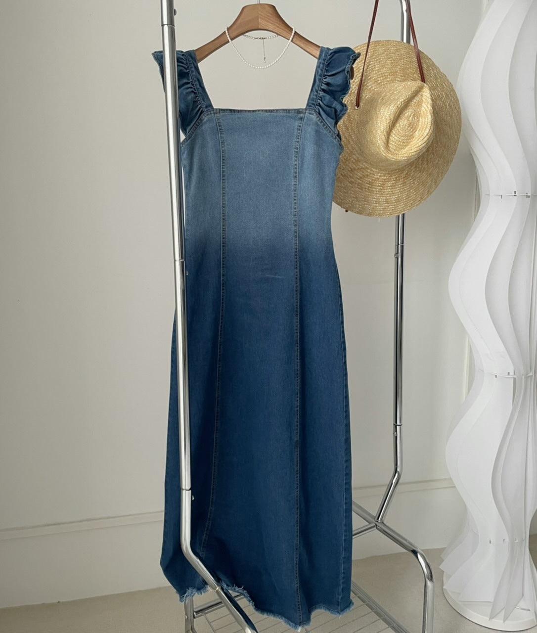 Simple Denim Gradient Small Flying Sleeve Raw Edge Dress - Trendy Mix