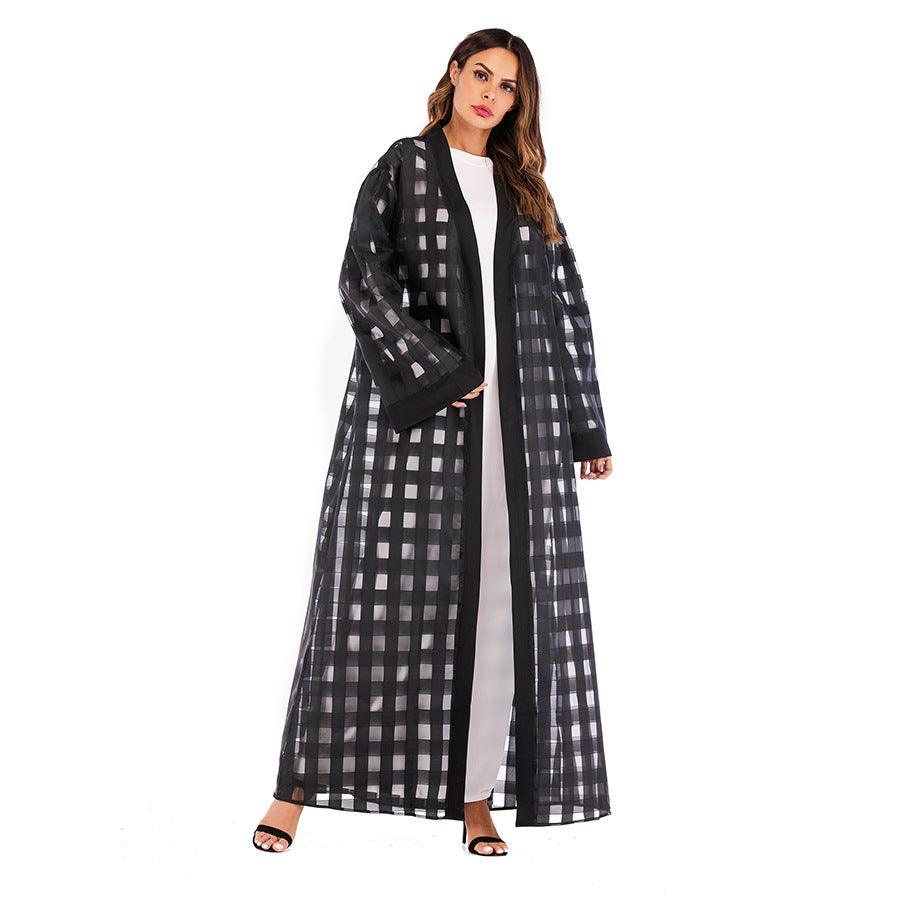 Muslim Ladies' Checkered Loose-Fit Lace-Up Robe - Trendy Mix