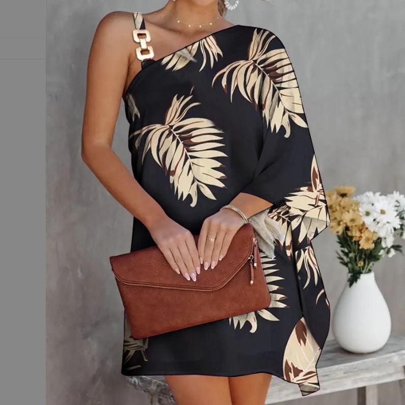 Bat Sleeve Off Shoulder Print Sexy Dress - Trendy Mix