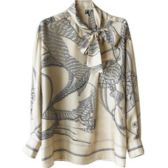 Bow Float Collar 16MM Twill Silk Printed Shirt Top - Trendy Mix