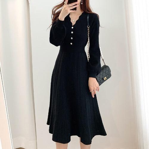 Waist-tight Slimming V-neckline Long Sleeve Mid-length Sweater Dress