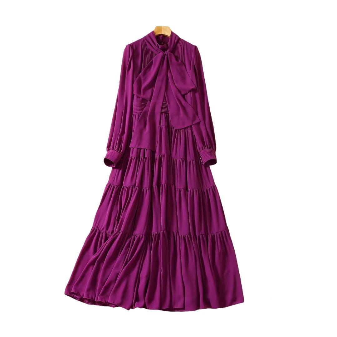 Tie-neck Heavy Industry Spokes Long Sleeve Chiffon Dress - Trendy Mix