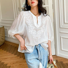 French Lace-Up Lantern Sleeve Top for Women - Trendy Mix