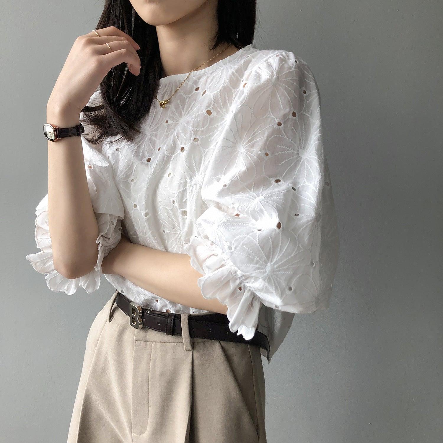 Korean Style Sweet Round Neck Puff Sleeve Shirt Top - Trendy Mix