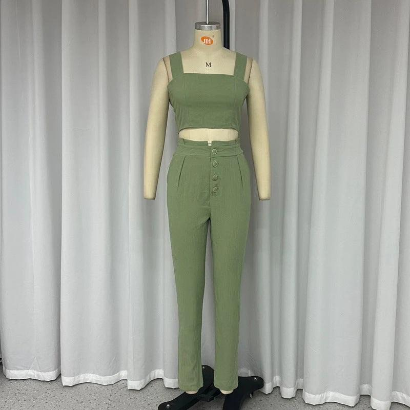 Solid Color Short Crop-top Spaghetti-strap Top High Waist Trousers Two-piece Set - Trendy Mix