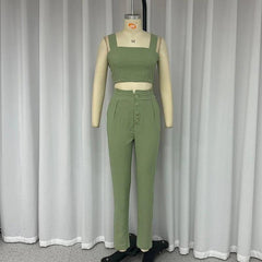 Solid Color Short Crop-top Spaghetti-strap Top High Waist Trousers Two-piece Set - Trendy Mix