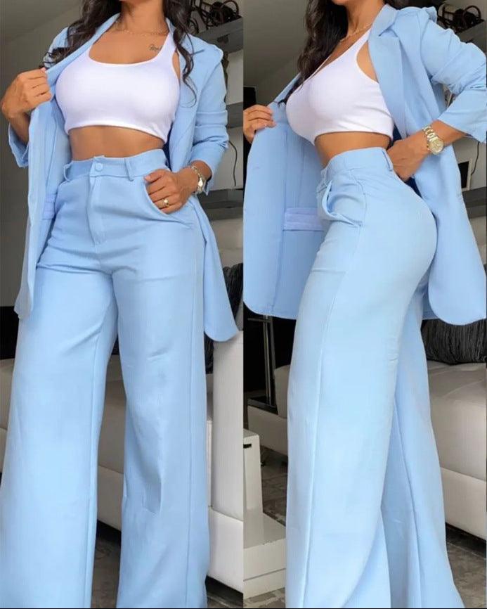 Pure Color Split Sleeve Lapel Suit Straight-leg Pants Suit Women - Trendy Mix