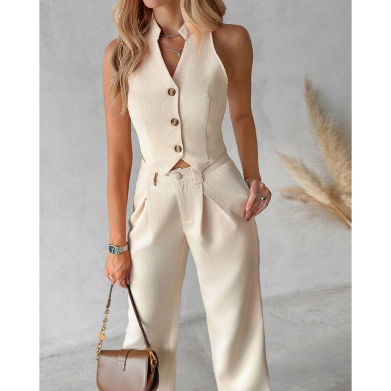 Apricot Button-Up Sleeveless Two-Piece Set - Trendy Mix