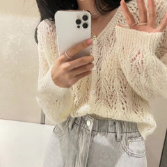 Gentle Wind Crocheted Openwork Knitted Cardigan Women's Long Sleeved Thin Sweater