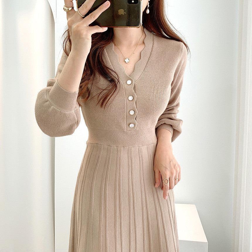 Waist-tight Slimming V-neckline Long Sleeve Mid-length Sweater Dress