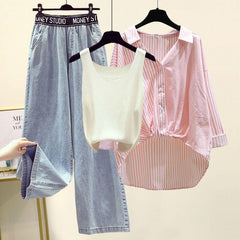 Striped Shirt Small Sling Wide Leg Jeans Three-piece Set - Trendy Mix