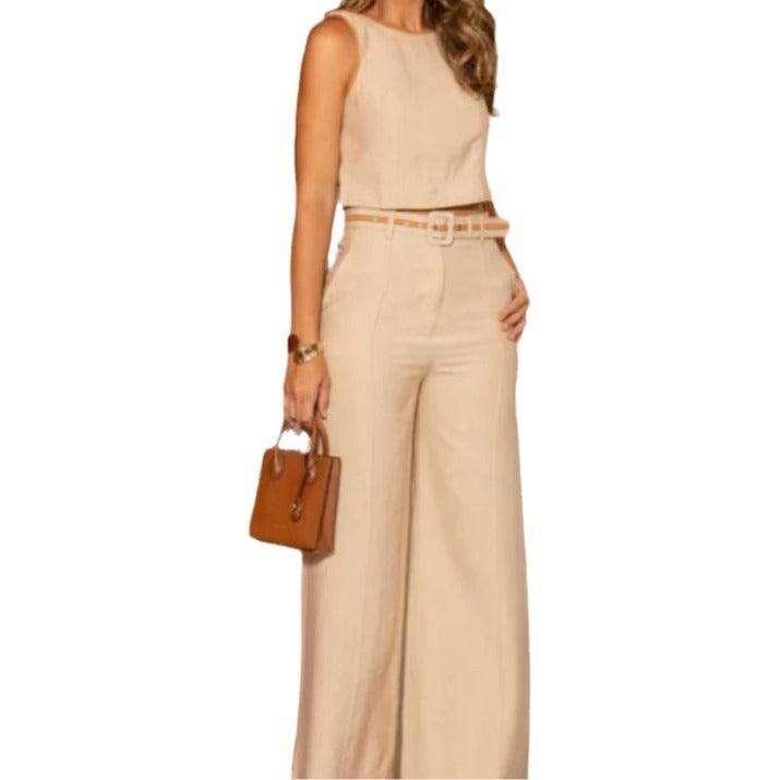 Solid Color Round Neck Sleeveless Short High Waist Wide Leg Pants Suit - Trendy Mix