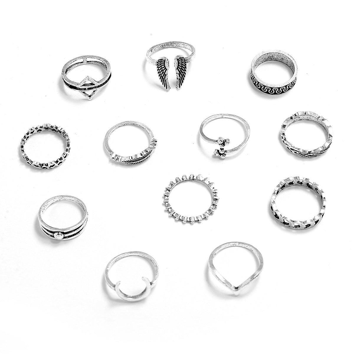 Retro Wings Triangle Moon Geometry Twelve Piece Set Ring - Trendy Mix