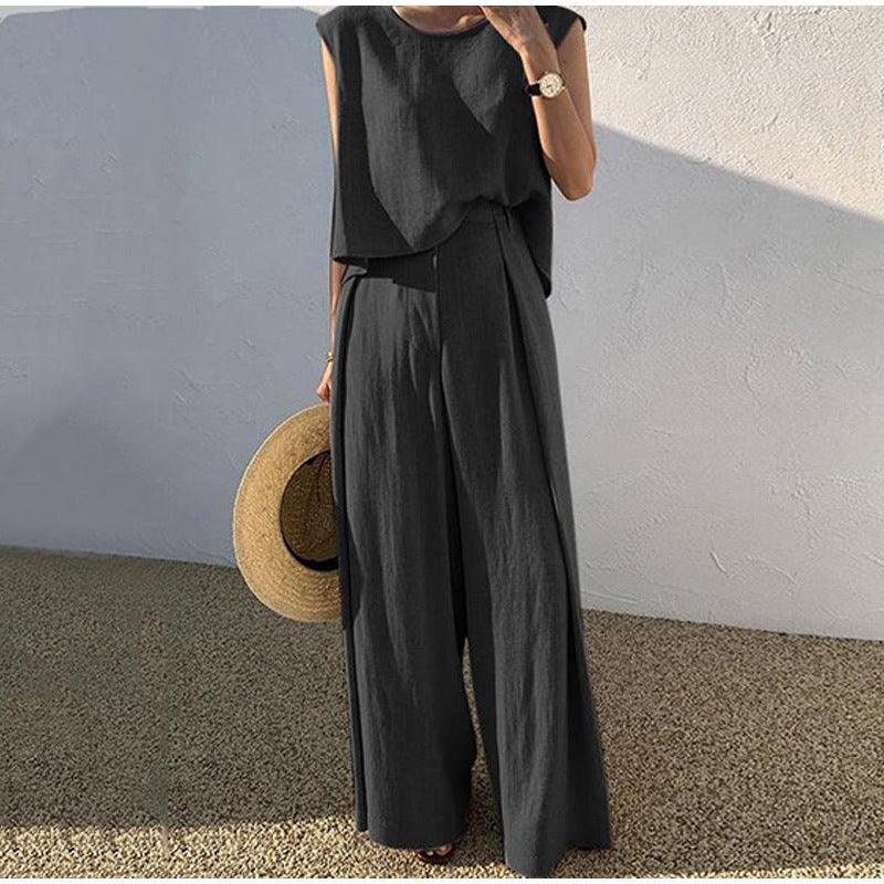 Cotton And Linen Casual Sleeveless Top Wide Leg Pants Two-piece Set - Trendy Mix