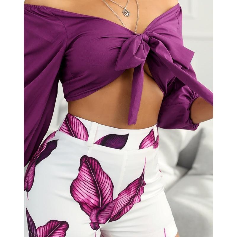 Off Shoulder Crop Top & Leaves Print Shorts Se - Trendy Mix