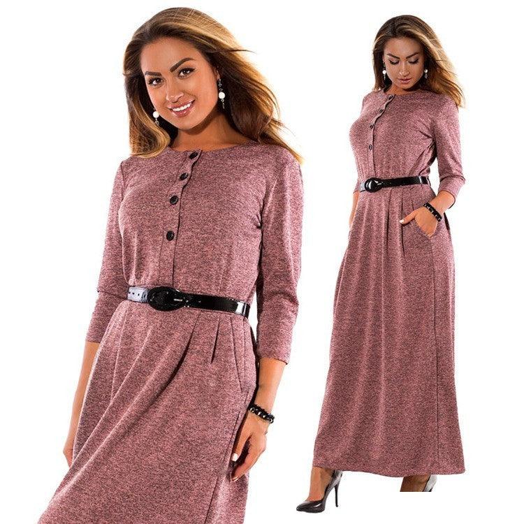 Autumn Clothes Plus Size Women's Clothes Dress Solid Color Long Sleeve High Waist Belt - Trendy Mix