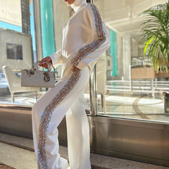 Turtleneck Fashion Niche Sequin Trim Blouse And Pants - Trendy Mix