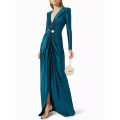 Fashion Bodycon Long Sleeves Pleated Solid Color Split-Front Tied Waist Deep V-Neck Maxi Dresses for Evening Banquet