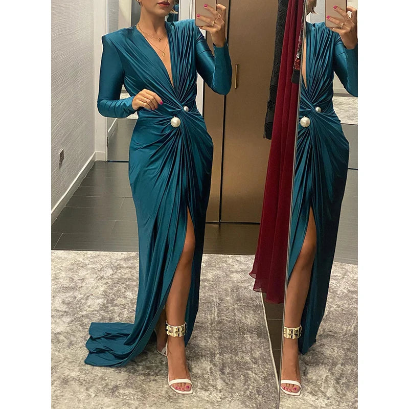 Fashion Bodycon Long Sleeves Pleated Solid Color Split-Front Tied Waist Deep V-Neck Maxi Dresses for Evening Banquet